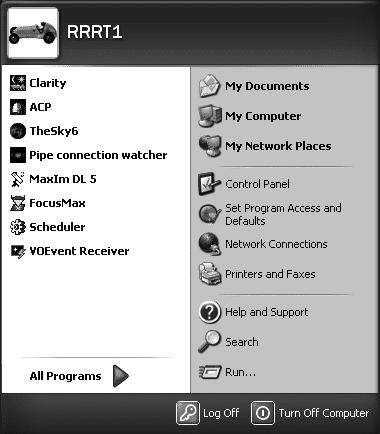 Figure 7. Startup menu shortcuts for RRRT1. The observatory should now be up and running for control through ACP, or through the ACP web browser interface at http://rrrt.astro.virginia.edu/. 4.