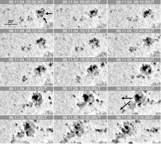 PHOTOSPHERIC PLASMA FLOWS AROUND A SOLAR SPOT 237 Figure 2. White-light images of 36 hours of evolution of sunspot B.