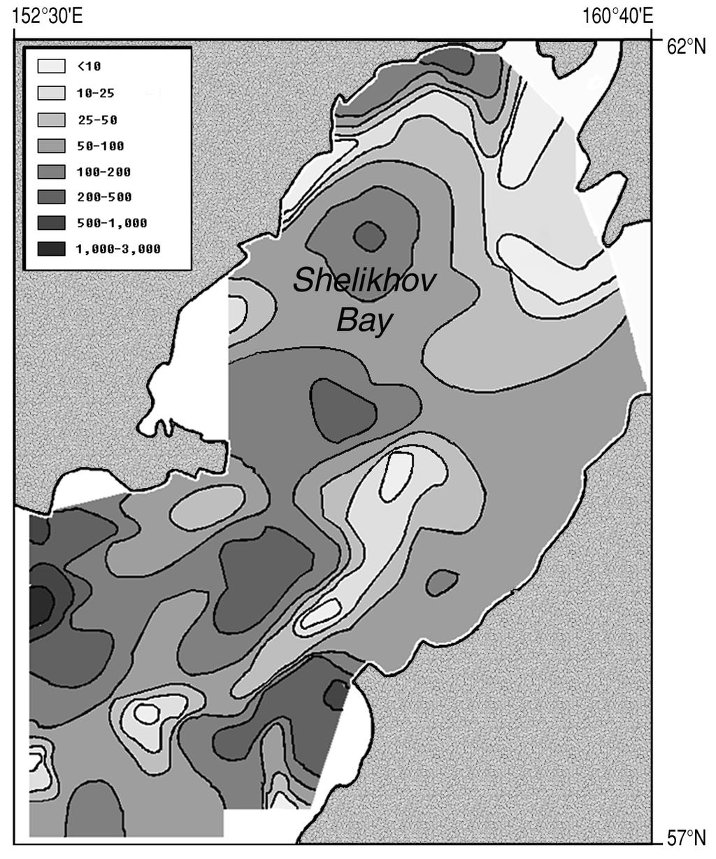 A = June 1962, B = June-July 1963 (from Makarov 1969). Figure 19. Distribution of Calanus glacialis biomass (mg m 3 ) in the 0-50 m layer in Shelikhov Bay during June 1963 (from Kotlyar 1965).