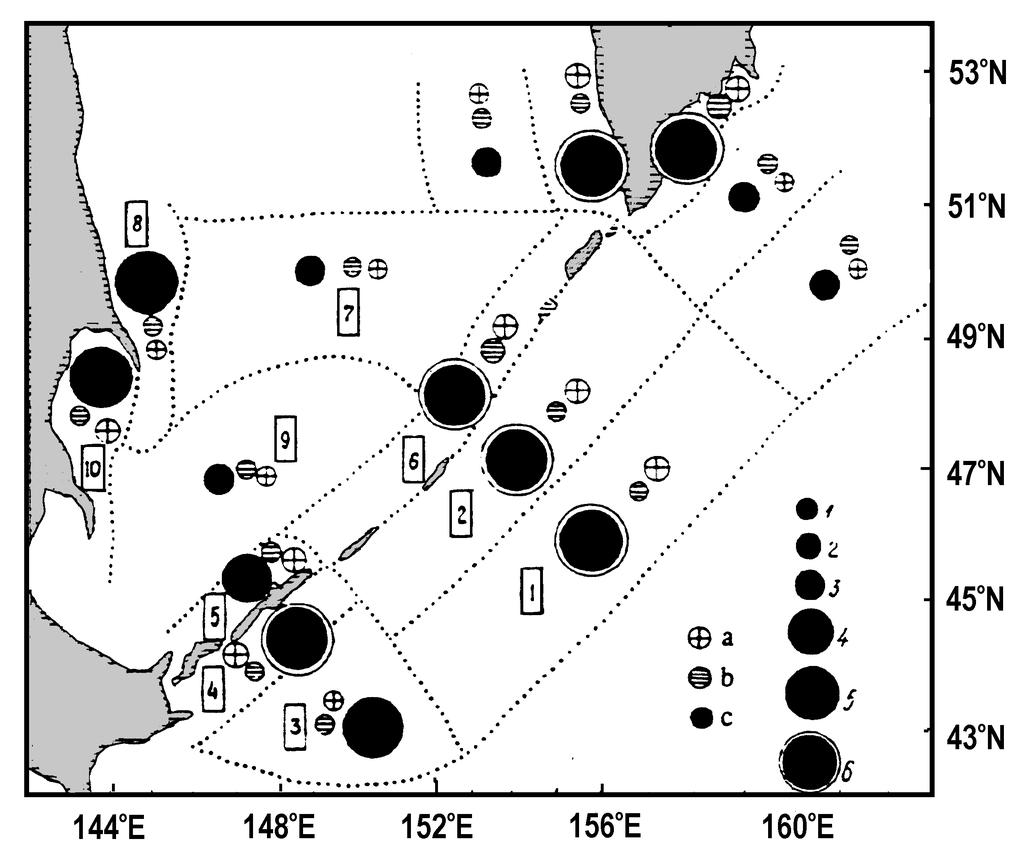 28 A.I. Pinchuk & A.J. Paul Figure 33. Average biomass (mg m 3 ) of small (a), medium (b), and large (c) zooplankton fractions by area in summer 1991.