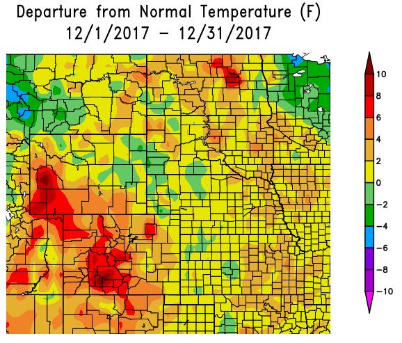 Figure 5. December 2017 and October-November-December 2017 Departure from Normal Temperature (deg F). Source: High Plains Regional Climate Center, http://www.hprcc.unl.edu/.