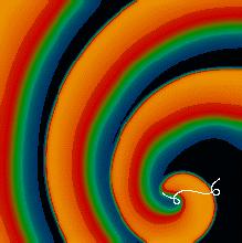 Doppler effect, the frequency is higher in the direction in which the spiral is moving. Figure 19 shows an example of the Doppler effect produced by a moving spiral wave.