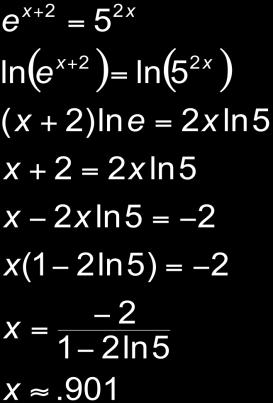 2) x + 2 = 15 for x symbolically Divide each side by 3 Take common logarithm of each side (Could use natural logarithm) Property 4: