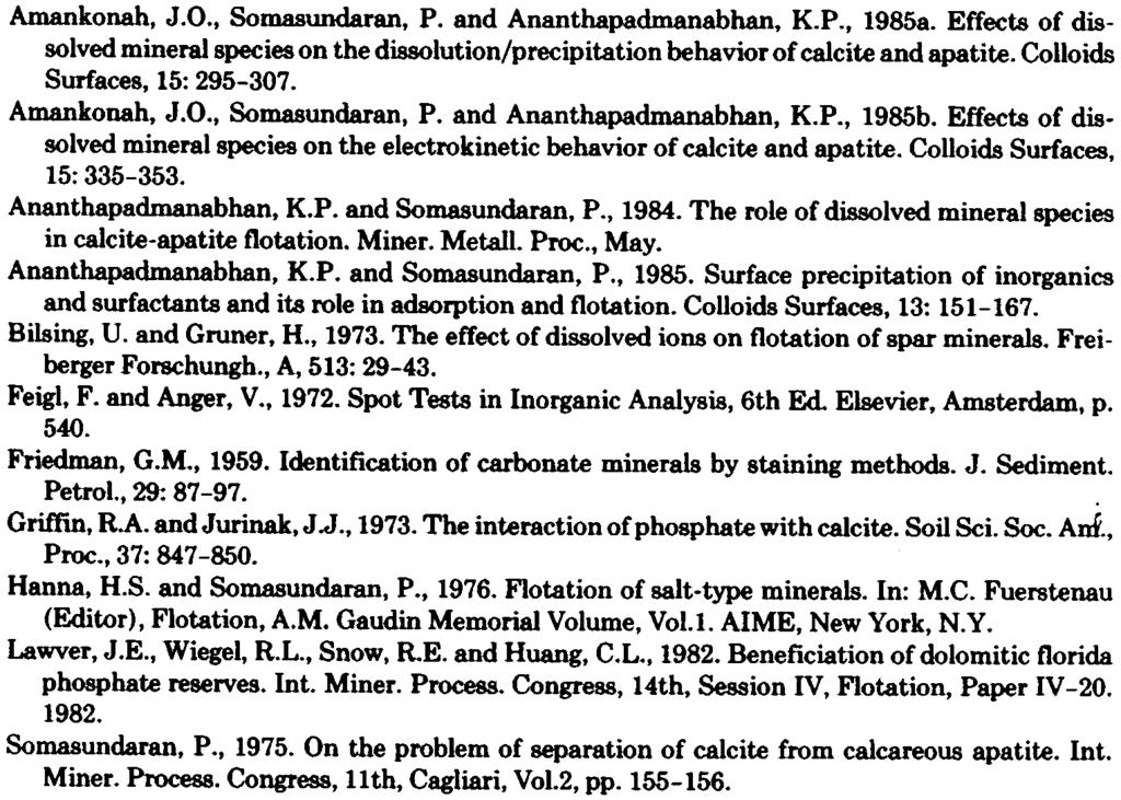 296 REFERENCES Amankonah, J.O., Somasundaran, P. and Ananthapadmanabhan, K.P., 1985a. Effects of dissolved mineral species on the dissolution/precipitation behavior of calcite and apatite.