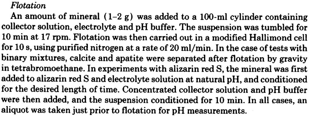 Flotation An amount of mineral (1-2 g) was added to a 1-ml cylinder containing collector solution, electrolyte and ph buffer. The suspension was tumbled for 1 min at 17 rpm.