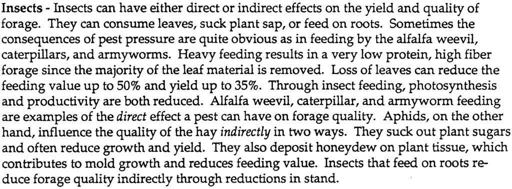 Although producers may be concerned primarily with yield reductions and survival of the stand, the quality of the forage may also be affected by pests.