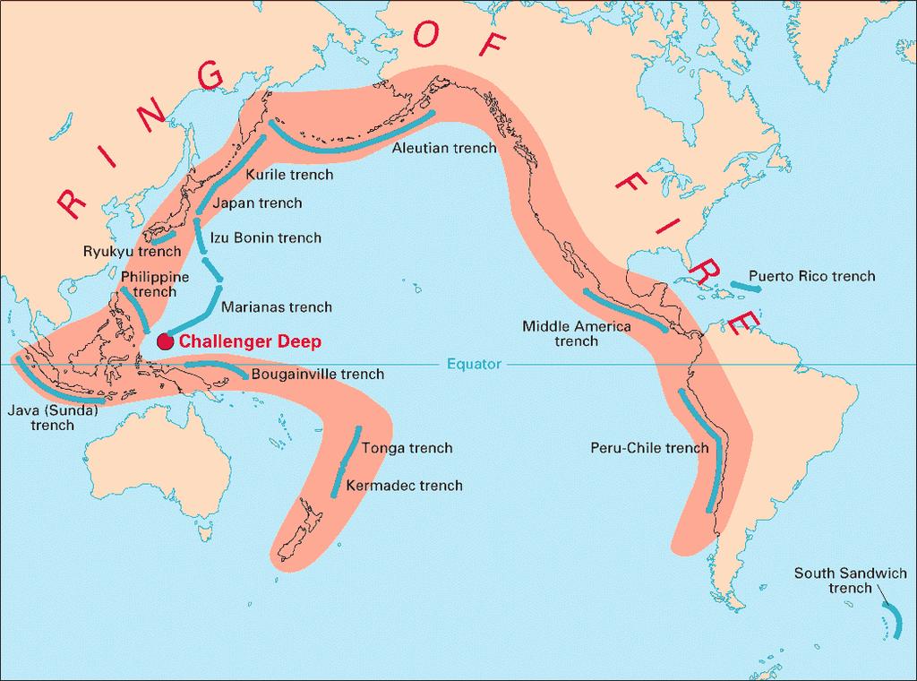 Circum-Pacific Ring of Fire Volcanic arcs and oceanic trenches partly encircling the Pacific Basin form the so-called Ring of Fire, a zone of frequent earthquakes and volcanic eruptions.
