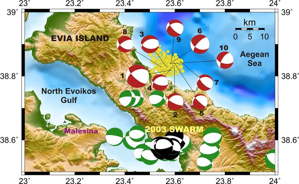 4 Fig. 2: The 14 October 2008 focal mechanisms (red beach-balls; numbering as in Table 1) and previous focal mechanisms determined by waveform modelling available for Evia Island (Hatzfeld et al.
