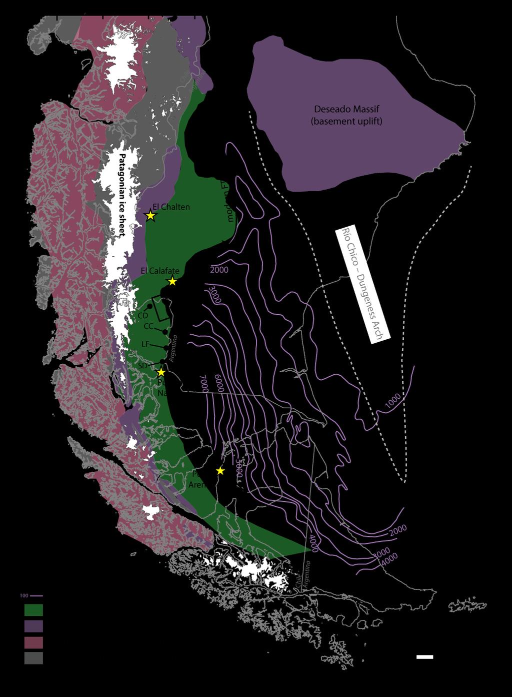 Introduction Study Area The Magallanes-Austral basin (MAB) Retroarc foreland basin Confined by south Andean arc and the Rio Chico-Dungeness Arch Highly asymmetric basin profile Deep-marine foreland