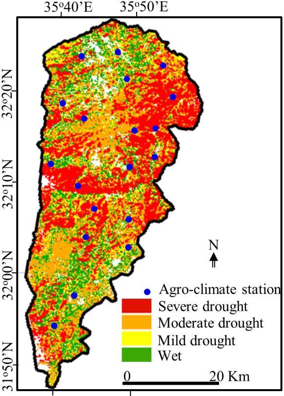 Figure 5.11: Example case of remote sensing-derived agricultural drought map upon combining three uncorrelated variables (i.e., NDWI, VSDI, and LST) based on synthetic Landsat-8 data generated on 10 Apr.