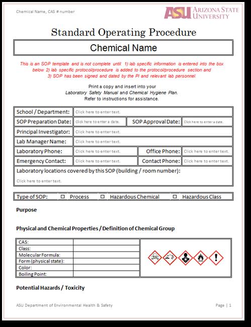 SOP Instructions and Template Instructions for Completing Standard Operating Procedures If your laboratory research involves the use of particularly hazardous substances or physically reactive