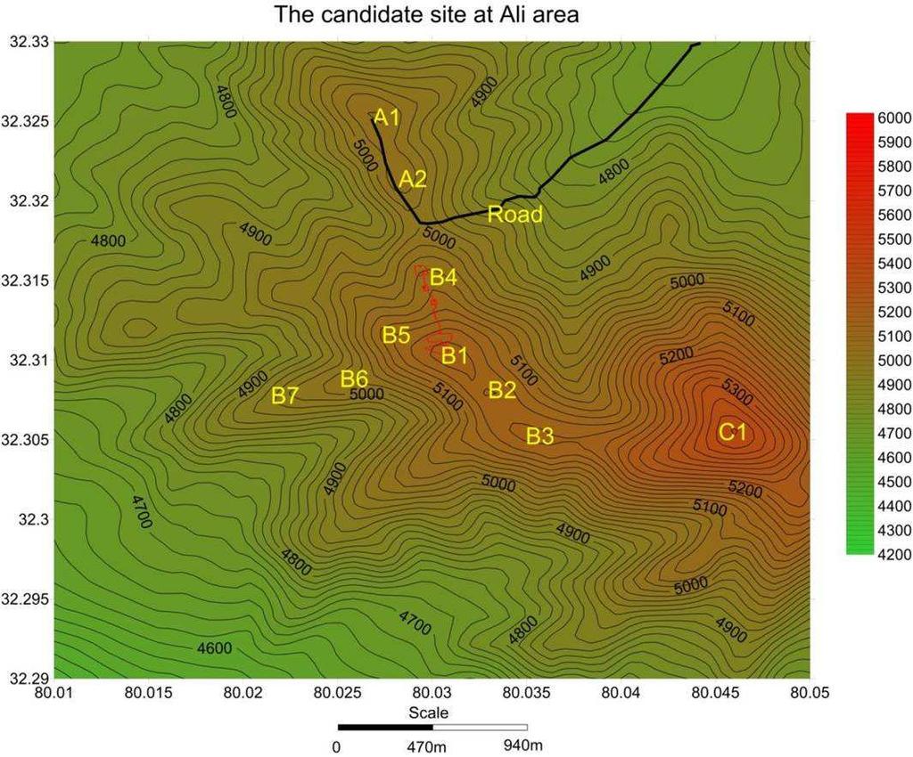 Figure 6. A topographical map of the Ali site, with marks A1, B1, C1 etc.