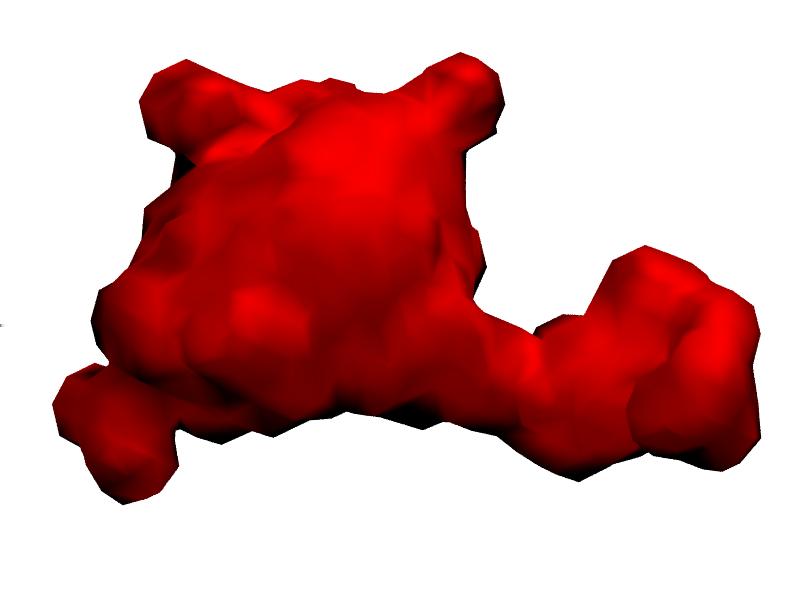 Figure S9: Conventional SASA (blue, left) and QuickSurf (red, center) surfaces around a single copy of Cel7A,
