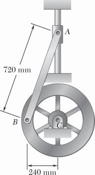 PROBEM 7.3 The -kg rod AB is attached to a collar of negligible mass at A and to a flywheel at B. The flywheel has a mass of 6 kg and a radius of gyration of 80 mm.