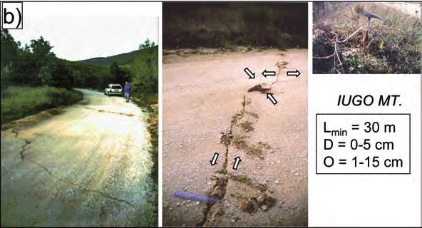 Cucci); b) Fractures break across an unpaved road in the Mt. Iugo area. Extensional and compressional features are observable in the middle photo.