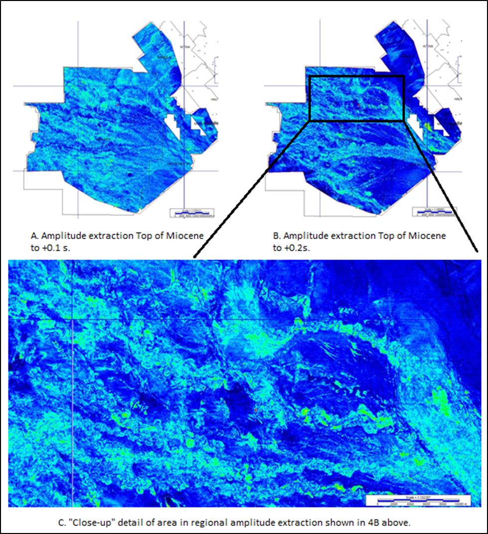 Figure 4 Amplitude extraction surfaces from the regional Top of Miocene and detailed insert.