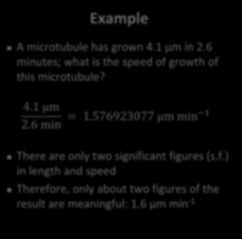 Quote only significant digits 4.1 μm 2.6 min = 1.576923077 μm min 1 There are only two significant figures (s.f.) in length and speed Therefore, only about two figures of the result are meaningful: 1.