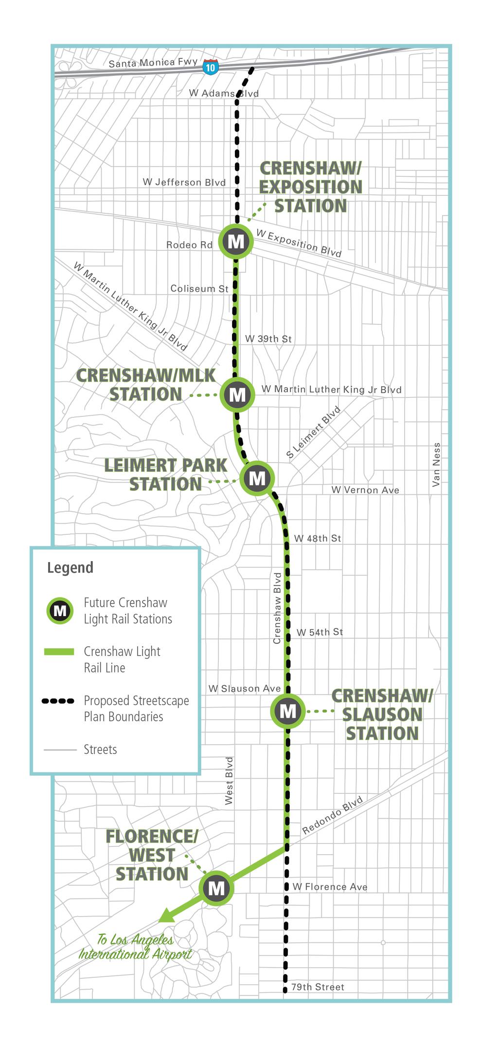 Basic information about Crenshaw/LAX Line An 8.5mile extension from the Metro Exposition Line at Crenshaw and Exposition to the Metro Green Line Aviation/LAX Station.