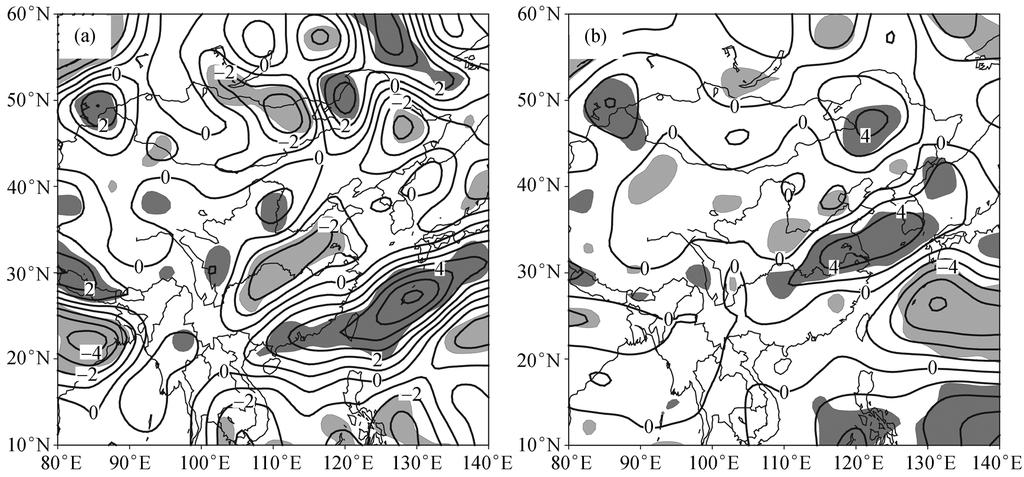ARTICLES Fig. 3. The composite 850 hpa relative vorticity difference (in 10 5s 1; DTF minus FTD) for (a) May June and (b) July August.