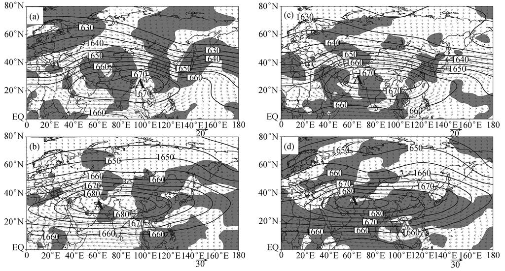 The composite 100 hpa height (in 10 gpm) and wind (in m s 1) for (a) May June of the DTF summers, (b) July August of the DTF summers, (c) May June of the FTD summers, and (d) July August of the FTD