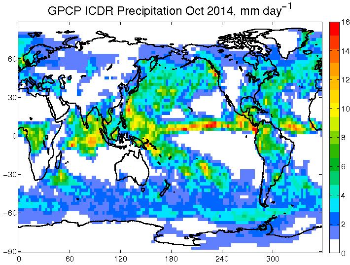Interim CDR GPCP Monthly Analysis for October 2014 mm/day Anomaly from October Climatology An Interim CDR of monthly, global precipitation (within 10 days