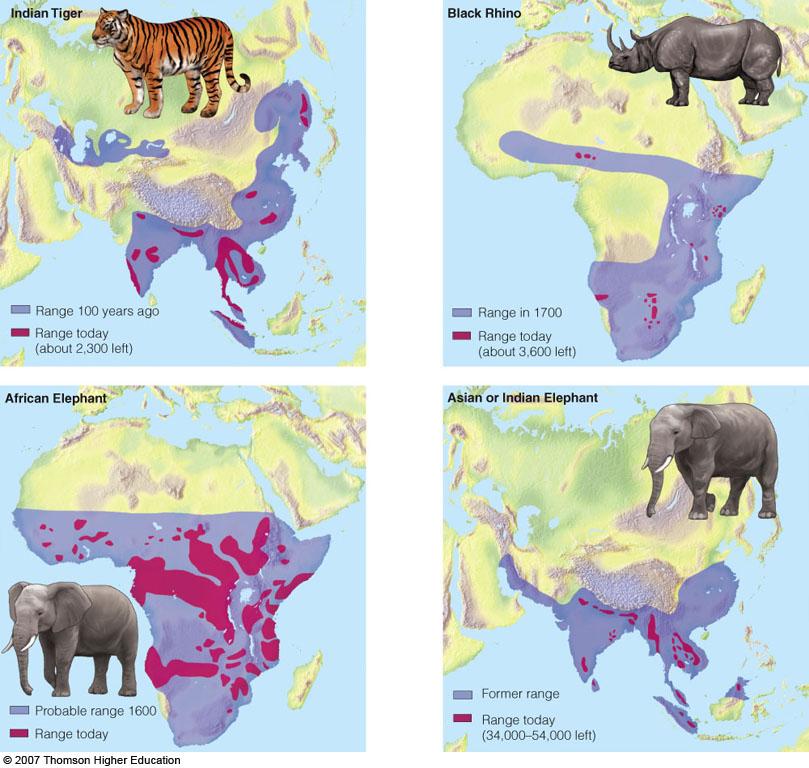 Reduction in ranges of four wildlife species,