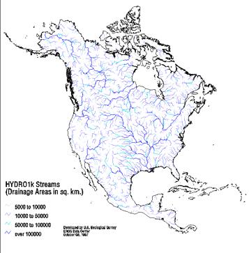 Drainage in North America Hydro1K is derived from