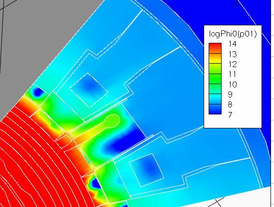 Fig. 6 (color in electronic version). Neutron flux (log of n/cm -s) distribution at laser labyrinth upper section level of TSCL (integrated optimised model, 3D source). V.