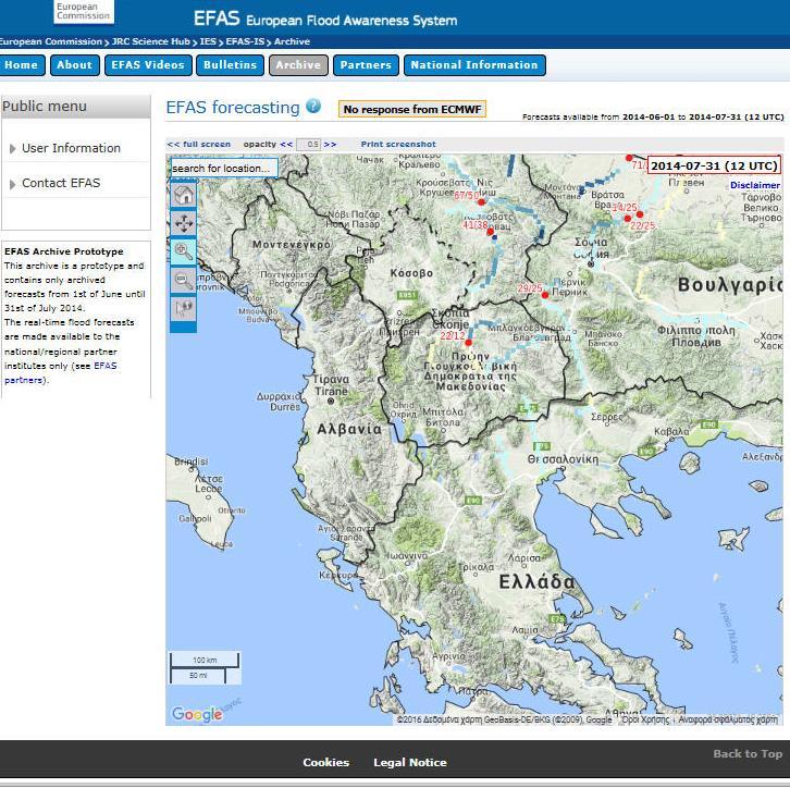 EMS Early Warning EFAS Current & Past floods situation: active information on alert areas, flood forecasting, flood probability and real time hydrographs Information Layers Maps of the individual
