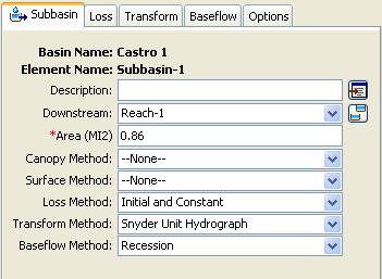 Chapter 3 Example Enter Element Data Enter the area for each subbasin element. Select a subbasin element in the Watershed Explorer or in the basin model map.