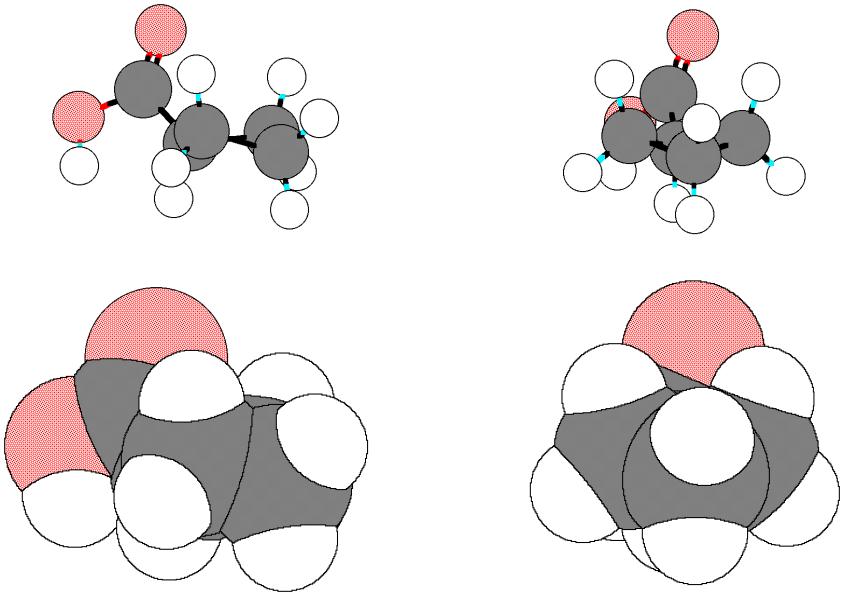 Analysis of NMR Spectra Part 2-17- Figure 19 Two views of cyclobutanecarboxylic acid showing how geminal atoms on the ring are not equivalent to each other.