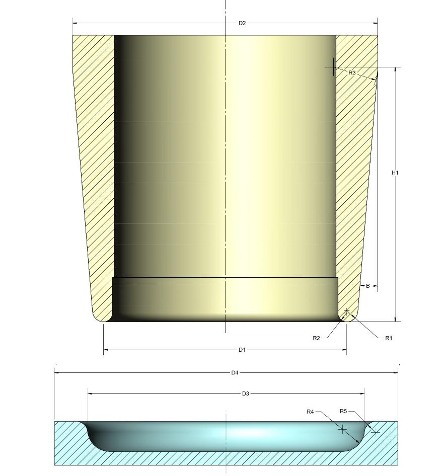Figure 9 47. Parametric dimensions for cup expansion tools. Table 9 9. Dimensions for cup draw / reverse redraw operation (mm) D1 D2 D3 D4 D5 D11 D12 107.95 77.242 79.274 108.87 162.86 53.848 76.