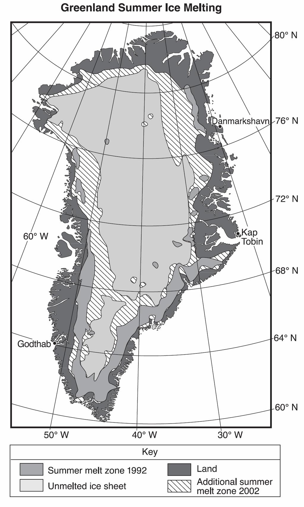 24. Base your answer to the following question on the following map and passage. The map shows the extent of summer ice-melt zones on Greenland in 1992 and 2002.
