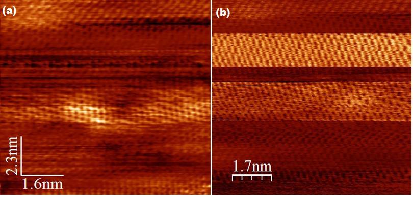 Figure 3: STM images of Graphene with the homemade tip by Omicron recipe Dr Stefan Ernst [reference, Ernst Thesis] suggests some