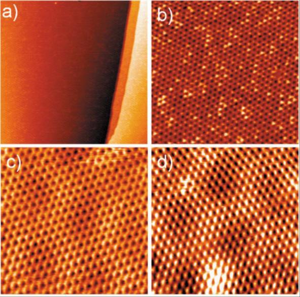 Figure 11: STM micrographs of graphene of graphene/ 3C SiC (111) epilayers; (a) STM images (150 150) nm 2 (-2V, 0.2nA), (b) STM images (50 50)nm 2 (-2V, 0.2nA). (c) Honeycomb type structures (5 5)nm 2 (-45mV, 0.