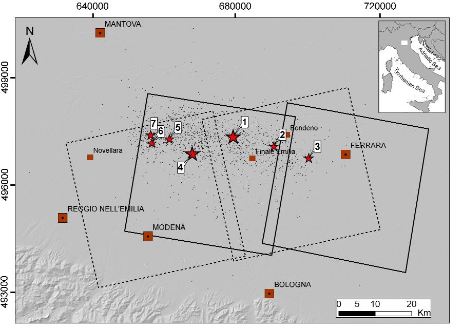 SALVI ET AL. Figure 1. The area of the 2012 seismic sequence. Stars, largest events of the sequence, numbered in order of occurrence; 1, May 20, 2012, M L 5.9 event; 4, May 29, 2012, M L 5.