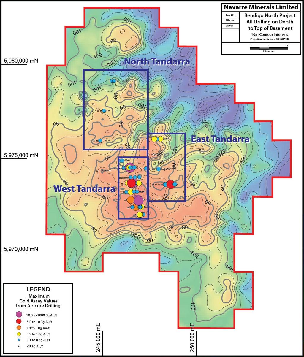 Bendigo North Gold Project 7km zone of gold bearing quartz mineralisation in basement rocks buried under cover identified Cover 20 110m thick