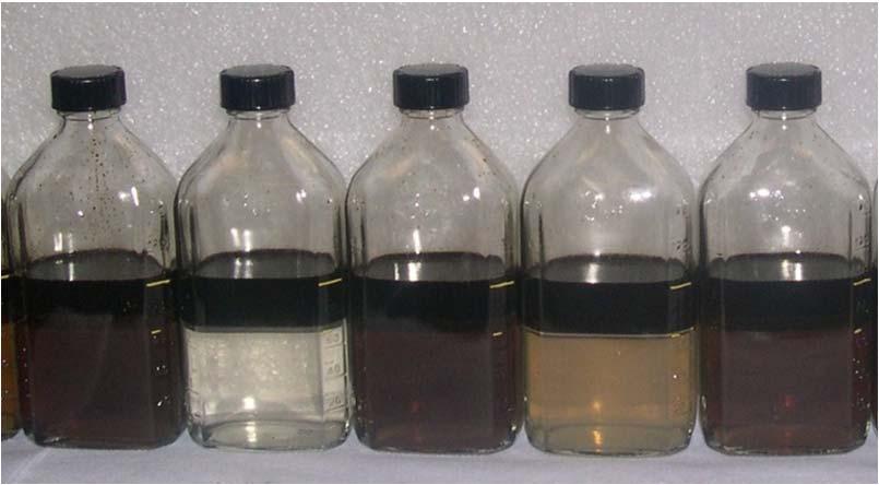 Bottle Tests: Cationic and Amphoteric Surfactants (50 ppm) & Demulsifier A (50 ppm) 21 hours equilibration 1 2 3 4 5 1 No added chemicals 4 Demulsifier A + Cocobetaine 2 Demulsifier A + C 8 TAB 5