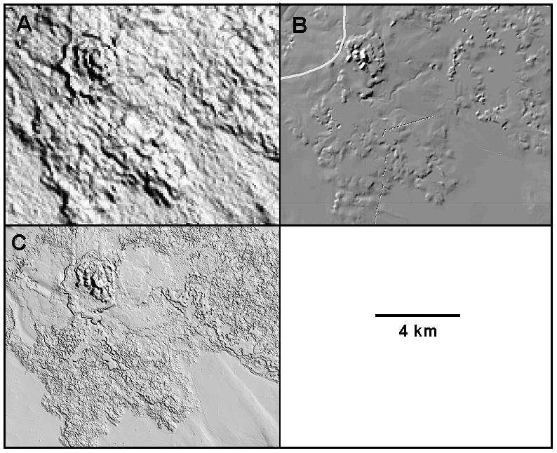 114 Figure 2: Comparison of different DEMs, showing the area of basalt flows around Mt Porndon in the southwest of the catchment, using intensity images with sun shading.