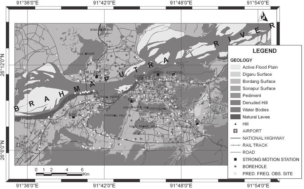 Figure. Geological and geomorphological map of Guwahati depicting road networks, strong-motion monitoring stations, and borehole sites. the plateau.