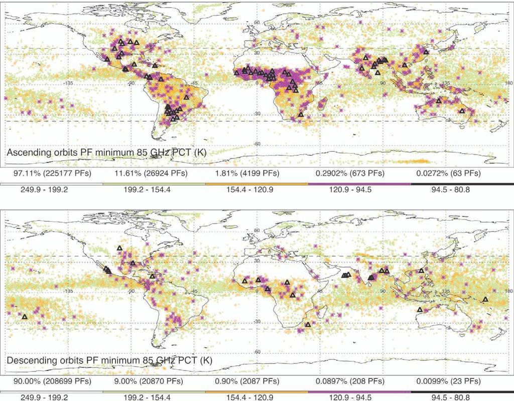 North American maximum extends into Canada some intense storms observed across Eurasia similarity of the distributions TRMM PR domain does capture the global distribution of extreme convective storms