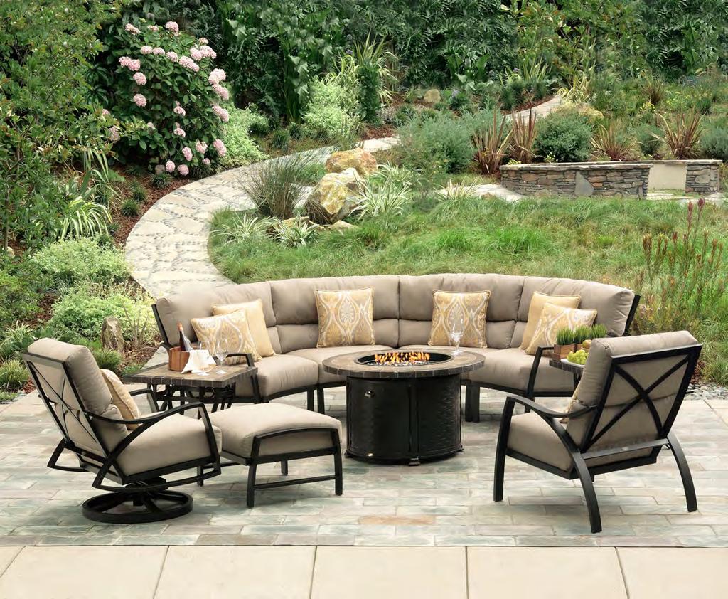 HERITAGE DEEP SEATING/MODULAR/CUSHION DINING DEEP SEATING/CIRCULAR MODULAR MF042-J042F CAMBRIA CHAT HEIGHT FIRE PIT BC7127-J127 SALINAS END TABLE FINISH: 99 AUTUMN RUST FABRIC: 763 LINEN STONE *SEE P.
