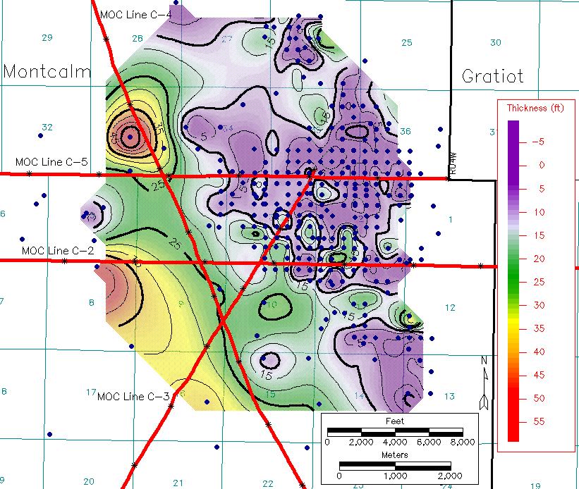 Figure 2-8 is a contour map of top subsea of the Dundee porosity zone which is at the base of the limestone cap.