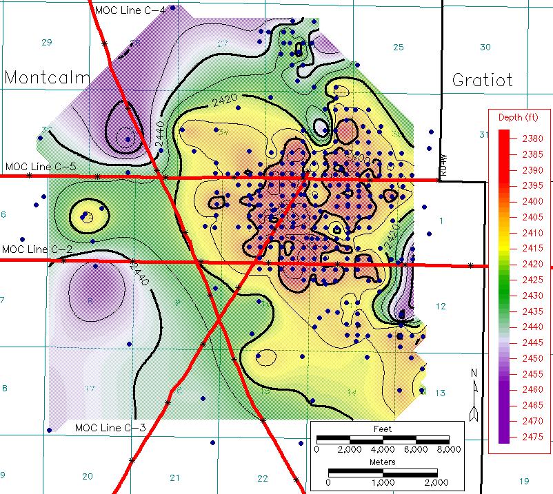 The Bell Shale formation can provide a strong indication for the potential for oil in the Dundee formation. Figure 2-9 is a contour map of subsea depth of the top of the Bell Shale formation.