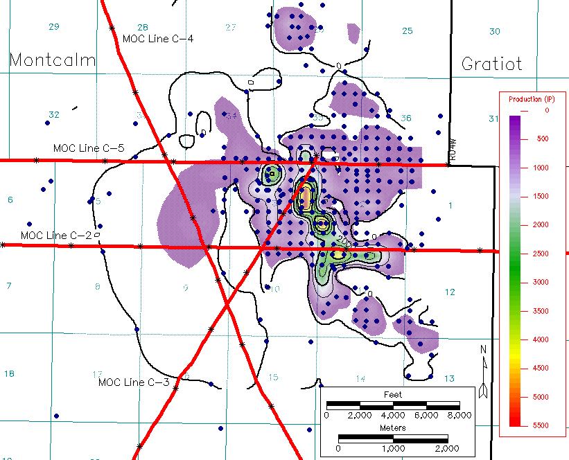 TOW 1-3 Figure 2-11: Contour map of initial production in bbls/day of Crystal Field, Michigan (Contour Interval = 1000 bbls/day).