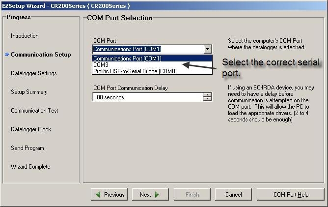 10. Select the COM Port used to connect to the weather station from the COM Port drop