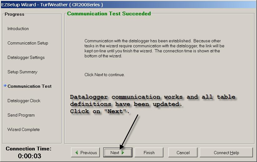 14. Communication Test Succeeded window will inform you after table