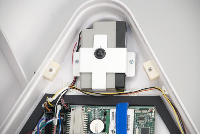 c. Carefully connect the white cable connector to the main electronics board, taking care not to touch the board or any components on electronics boards inside the weather station. d.