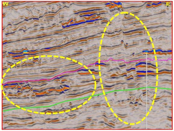 Fig-7: Noise cancelled seismic section through structure orient filtering along the structure Fig-8: Before footprint removal & After footprint removal Coherency cube: It may be measured by
