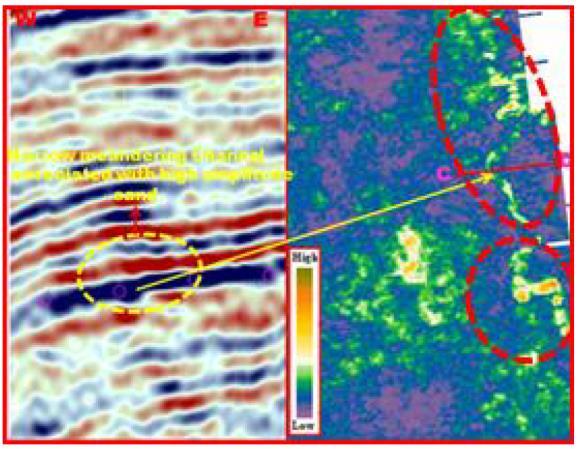 Within the upper part of Ardol formation the AAA and Average absolute Amplitude (AAA) attributes map extracted along stratal slice 4 it was observed the presence of narrow meandering channel belt